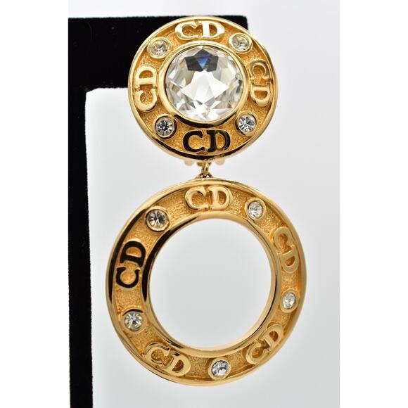 Christian Dior Vintage CD Logo Clip On Earrings Crystal Gold Chunky Signed Bin5 - Picture 7 of 12